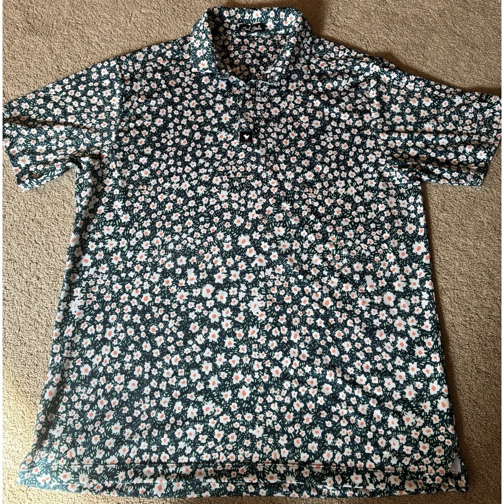 Bad Birdie Golf Polo Mens XL Floral Performance Stretch Shirt Teal White Orange